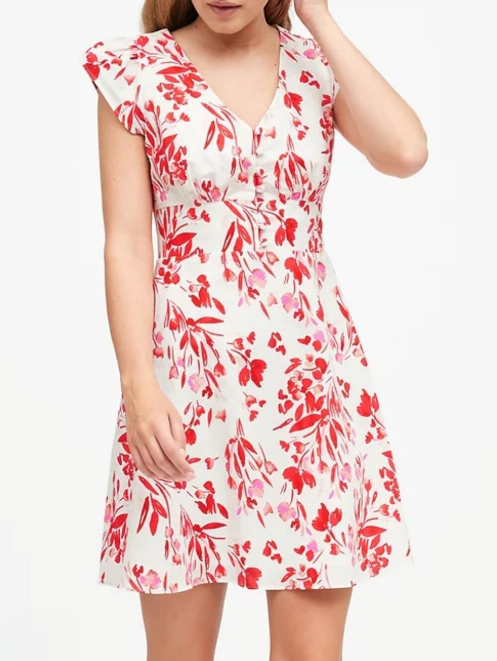 Banana Republic Linen Cotton Ruffle Sleeve Floral Spring Coral Mini Dress Size 6